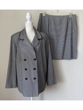 VTG Fashion Bug Black HERRINGBONE Tweed 2pc JACKET SKIRT Suit Set Womens 18 20